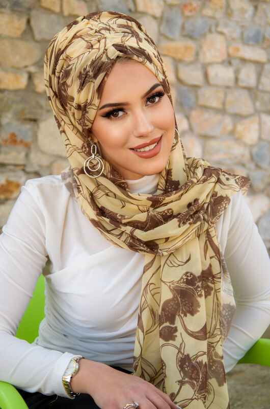 Uçuk Sarı Kahve Çiçek Desen Hazır Şal