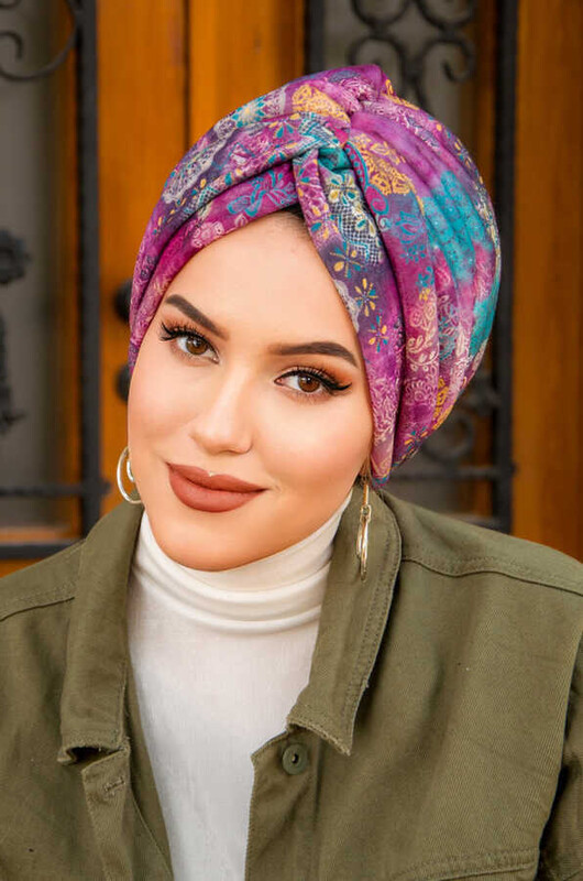 Vişne Etnik Çiçek Desen Burgu Model Dolgulu Bone - Thumbnail