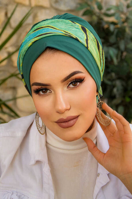 Yeşil Siyah Batik Desen Bantlı Bone - Thumbnail