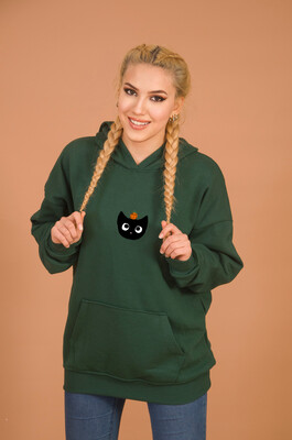 Aişe Tesettür - Zümrüt Kedi Baskılı Kapüşonlu Oversize Sweatshirt