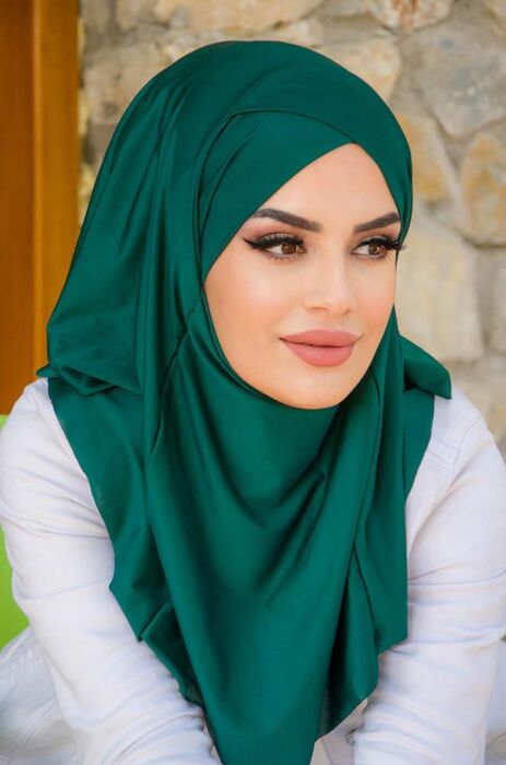 Zümrüt Yeşili Çapraz Bantlı Medium Size Hijab - Hazır Şal